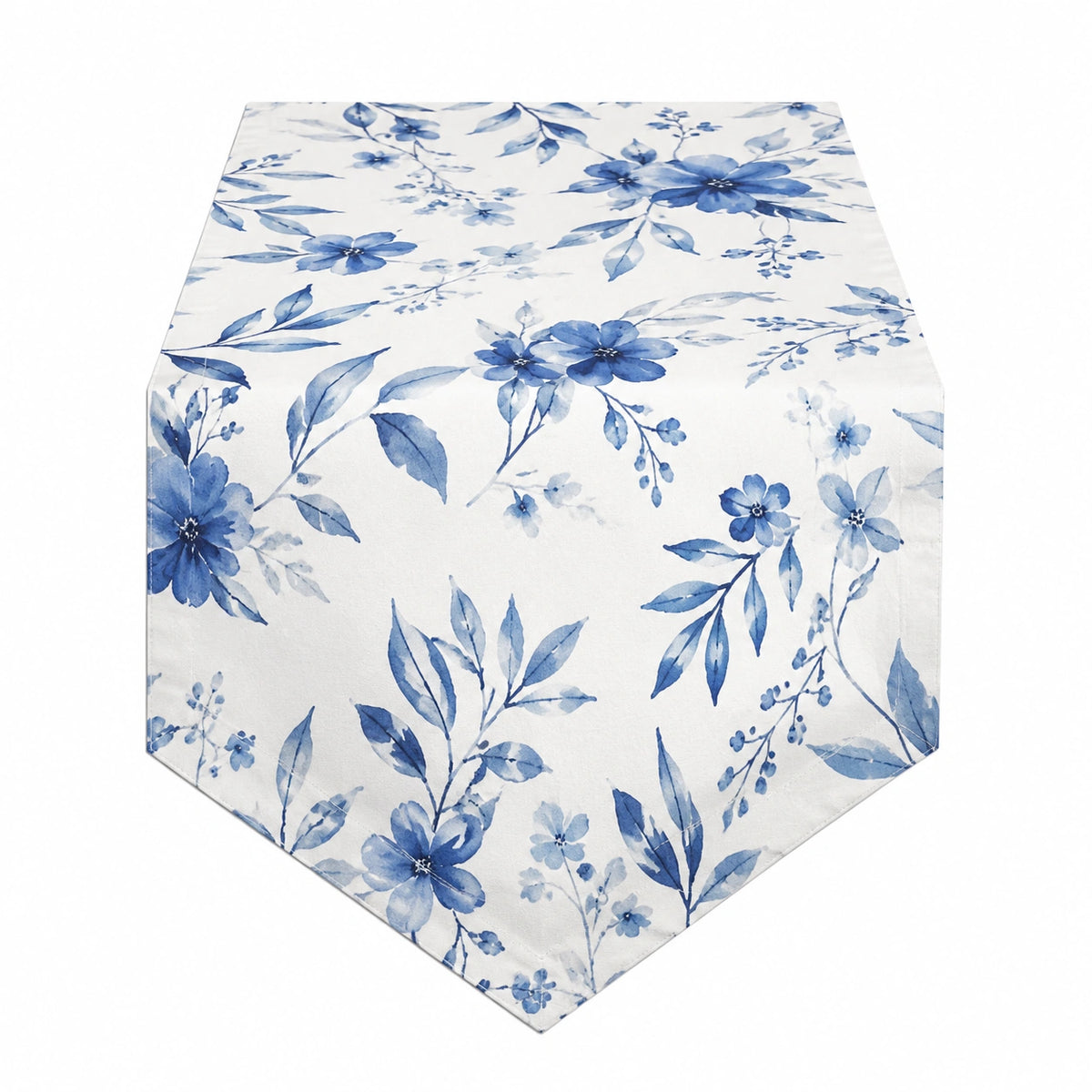 Camino de mesa 180 x 40 cm de tejido blanco y azul con estampado floral estilo clásico