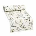 Camino de mesa 180 x 35 cm de tejido blanco y verde con estampado botánico