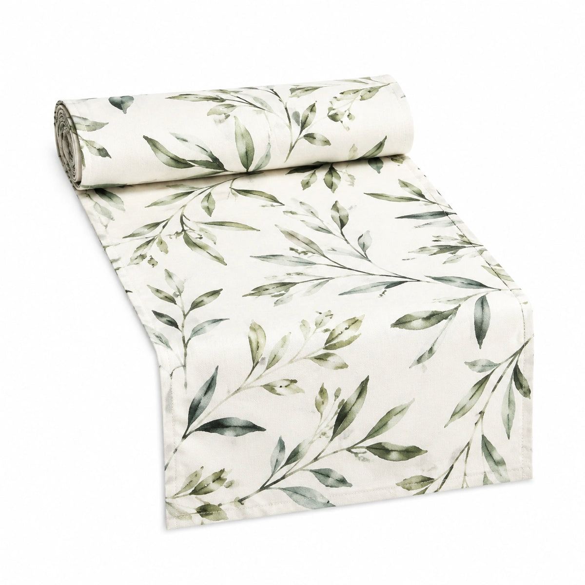 Camino de mesa 180 x 35 cm de tejido blanco y verde con estampado botánico