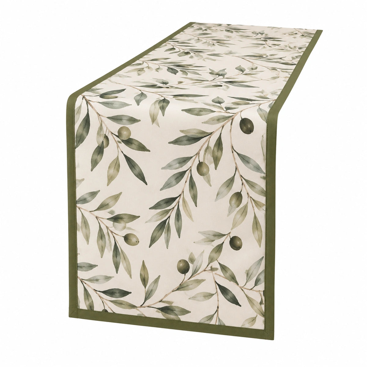 Camino de mesa 180 x 40 cm de poliéster blanco y verde con estampado de olivo