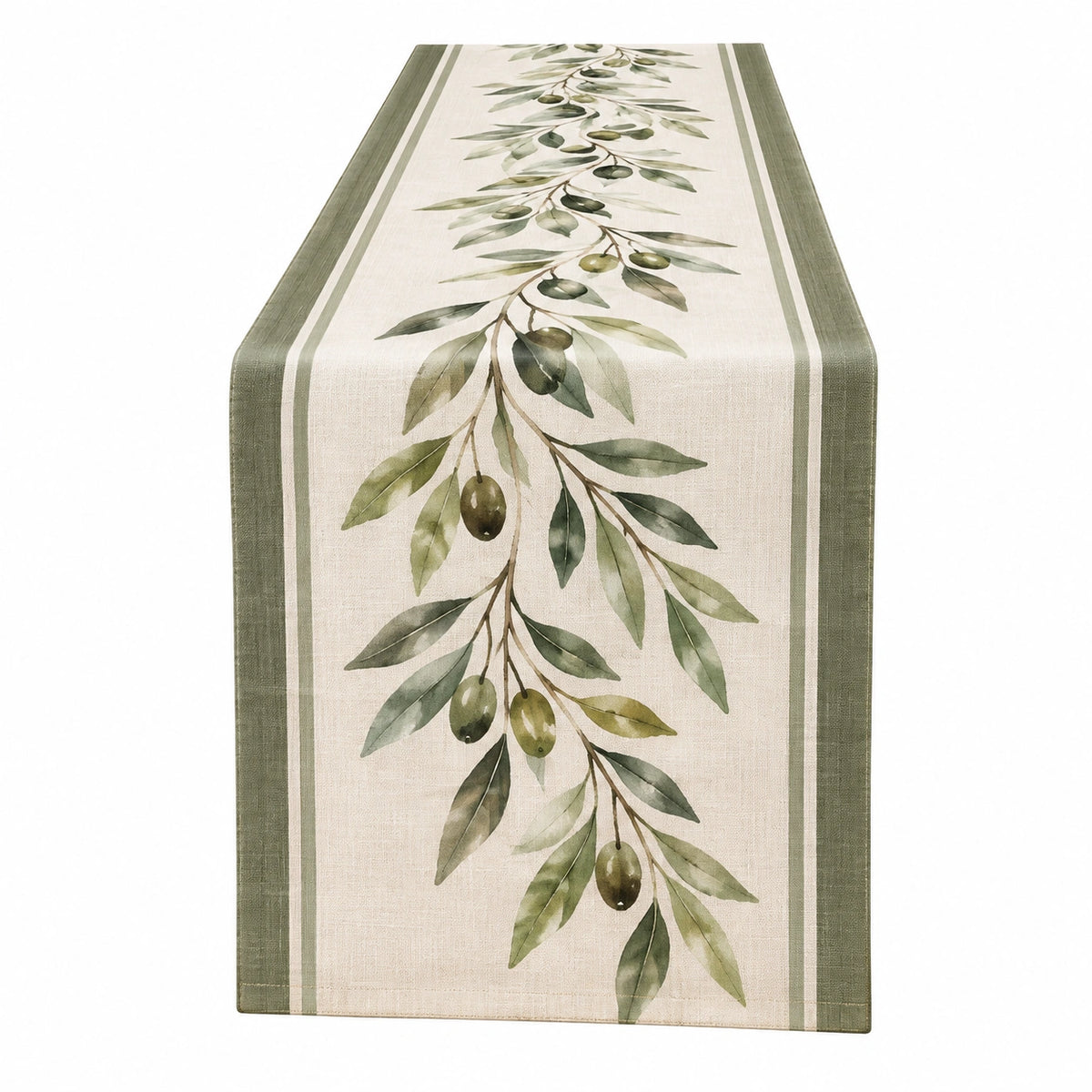 Camino de mesa 180 x 40 cm de poliéster beige y verde con estampado de olivo