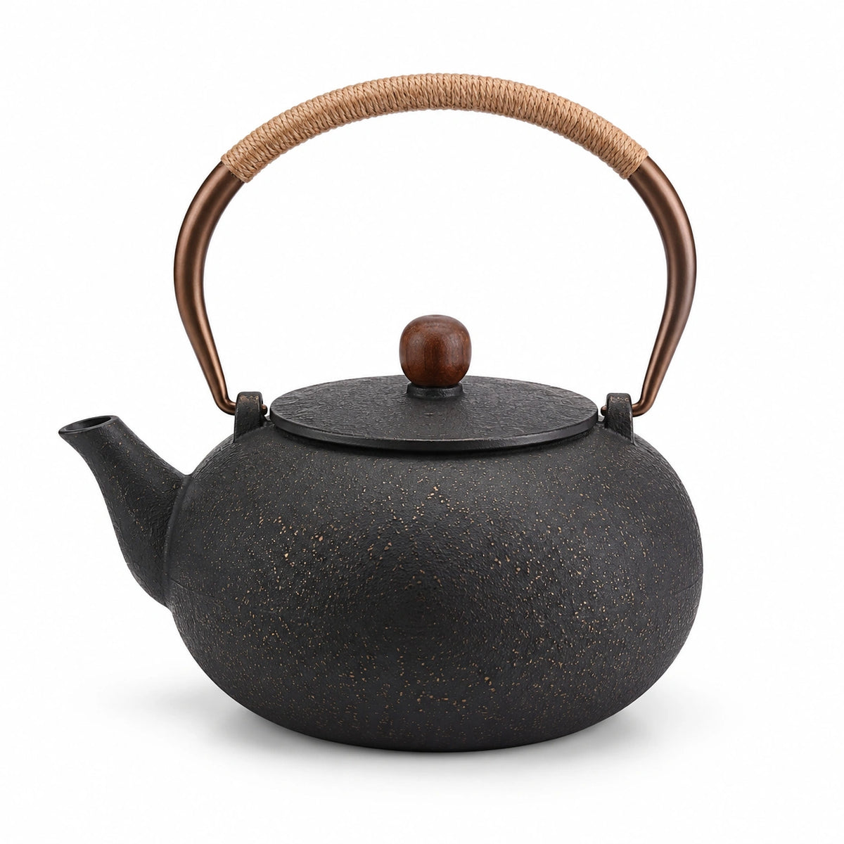 Tetera de hierro fundido 1.20 L negra con asa de cuerda estilo tradicional