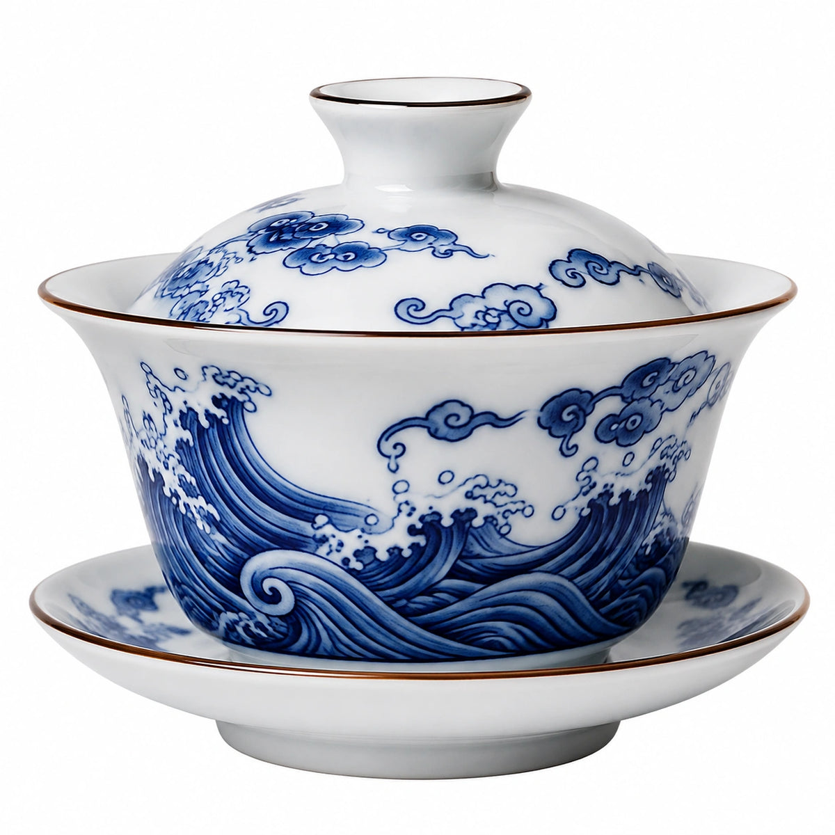 Gaiwan de porcelana 150 ml blanco y azul con ondas - juego de té con tapa y platillo