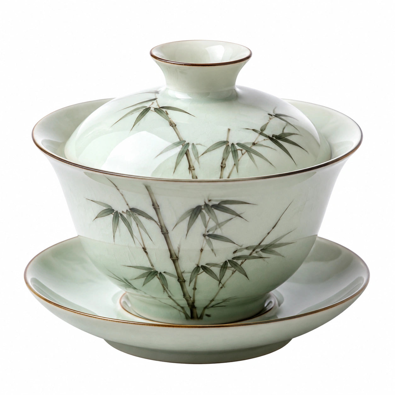Taza gaiwan de porcelana verde con bambú 150 ml - 9.5 cm