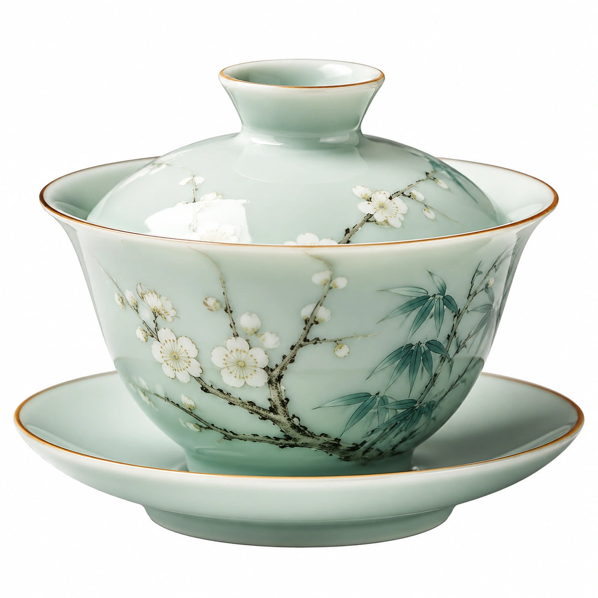 Gaiwan de porcelana 150 ml verde celadón con flores y bambú