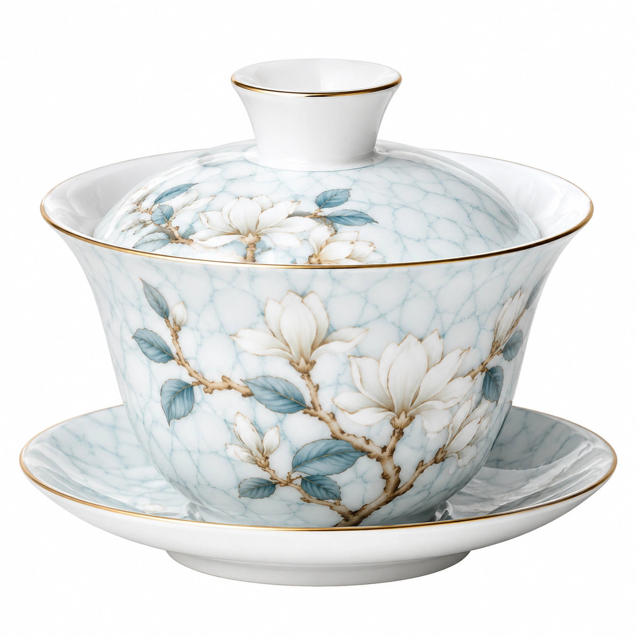 Taza gaiwan de porcelana 150 ml azul blanco y dorado con diseño floral