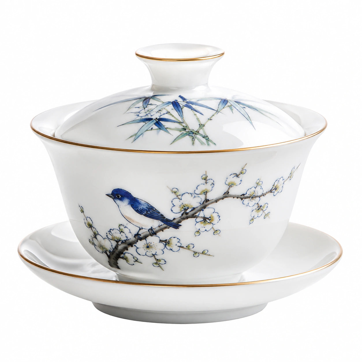 Gaiwan de porcelana 180 ml blanca azul con tapa y platillo para té estilo oriental