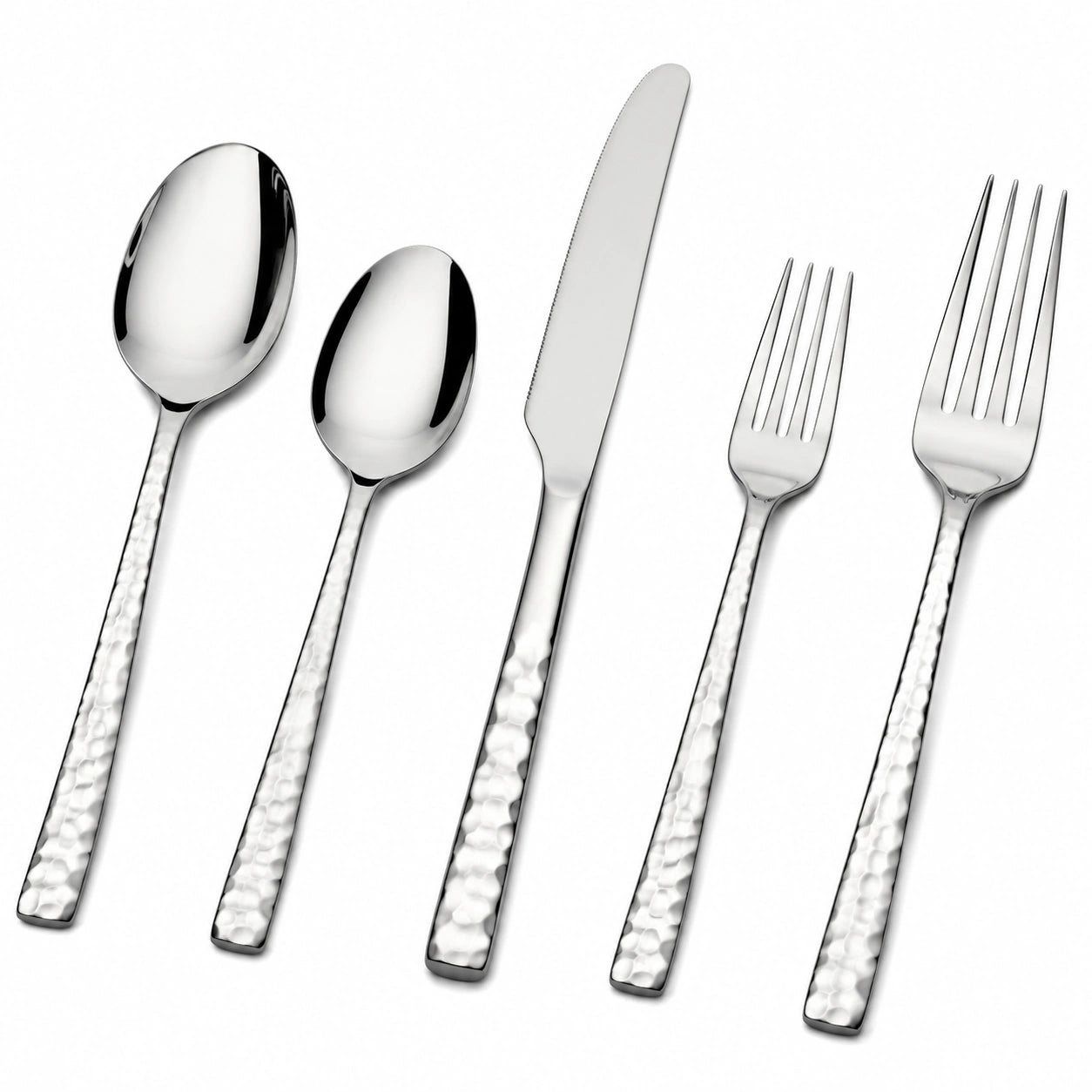Juego de cubiertos de 5 piezas de acero inoxidable plateado con mango martillado