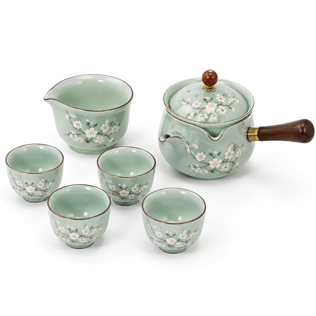 Juego de té de cerámica 7 piezas verde con flores para 4 personas