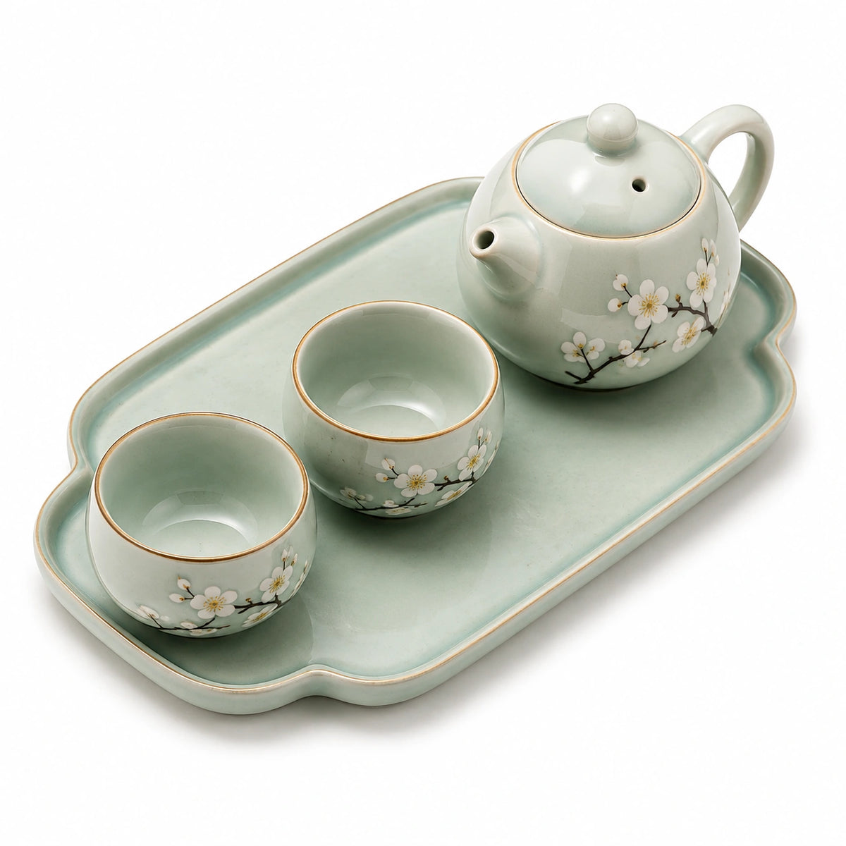 Juego de té de cerámica verde con flores y bandeja 28 cm - 2 servicios