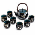 Juego de té de cerámica 7 piezas negro 900 ml con flores y asa trenzada