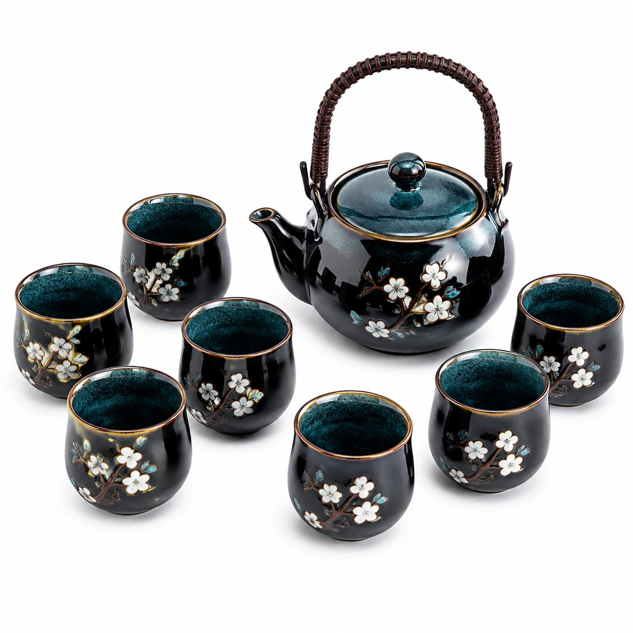 Juego de té de cerámica 7 piezas negro 900 ml con flores y asa trenzada