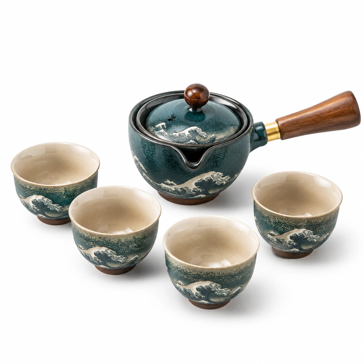 Juego de té de cerámica 500 ml verde azulado con asa de madera y motivo de olas