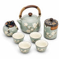 Juego de té de cerámica 7 piezas 900 ml verde con flores y asa de madera