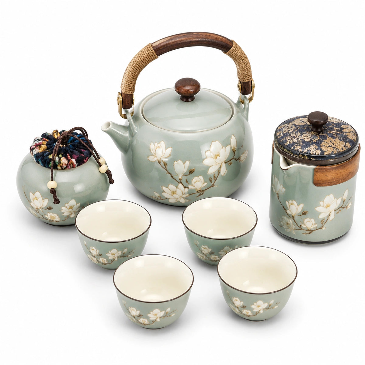 Juego de té de cerámica 7 piezas 900 ml verde con flores y asa de madera