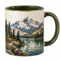 Taza de cerámica 400 ml verde y crema con paisaje de montaña - estilo rústico