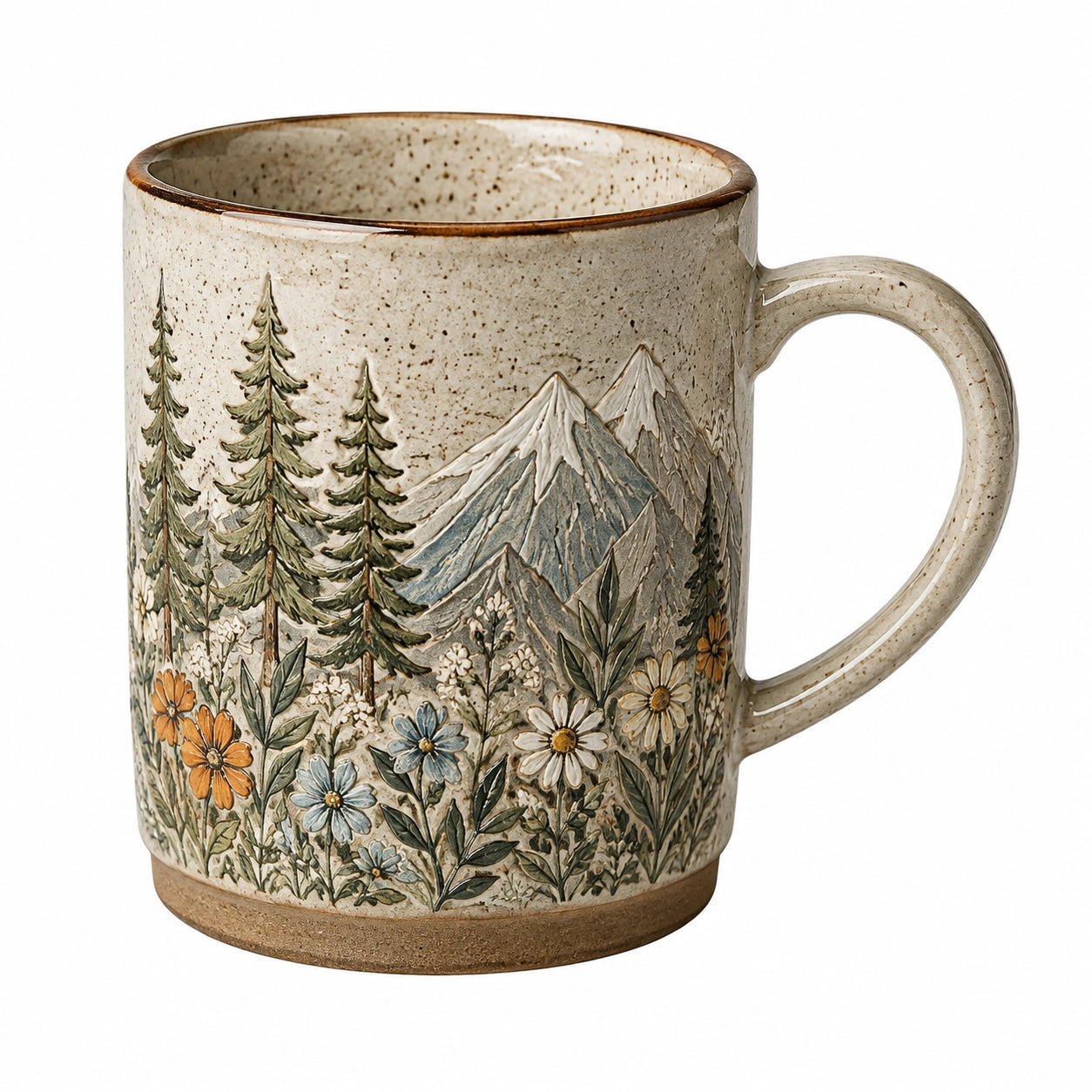 Taza de cerámica 450 ml beige con relieve de montaña y flores - asa grande