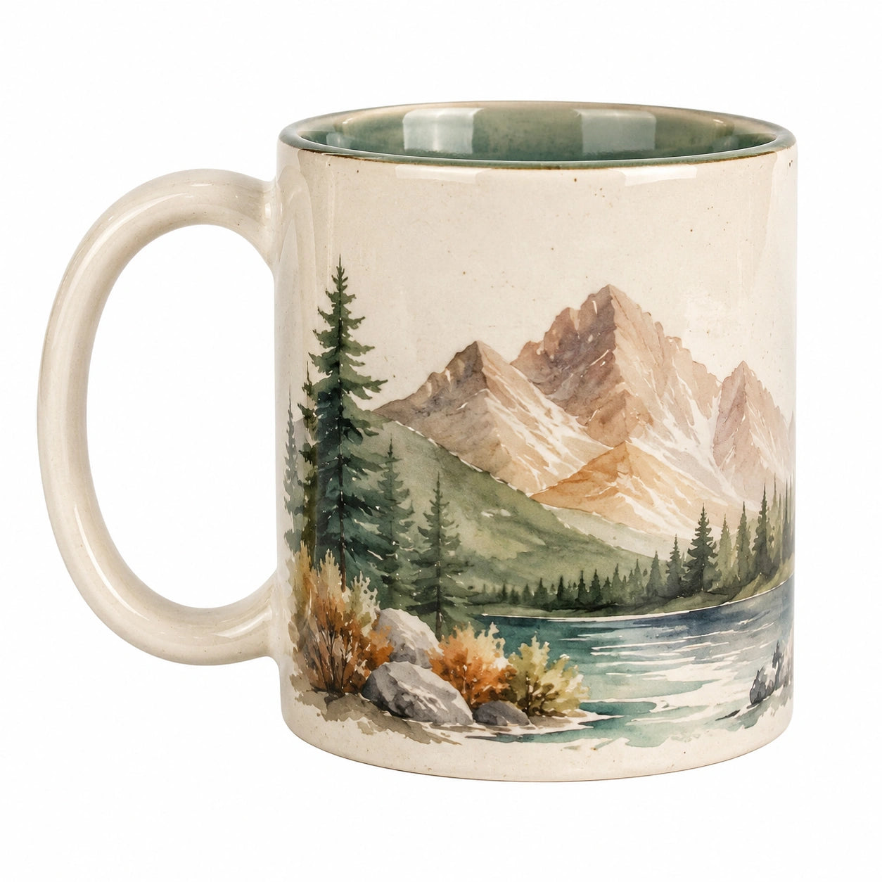 Taza de cerámica 350 ml beige y verde con paisaje de montaña estilo natural