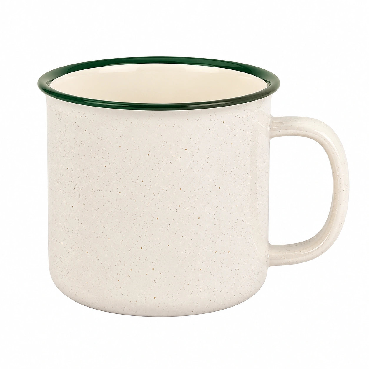 Taza 450 ml de acero esmaltado beige con borde verde para bebidas calientes