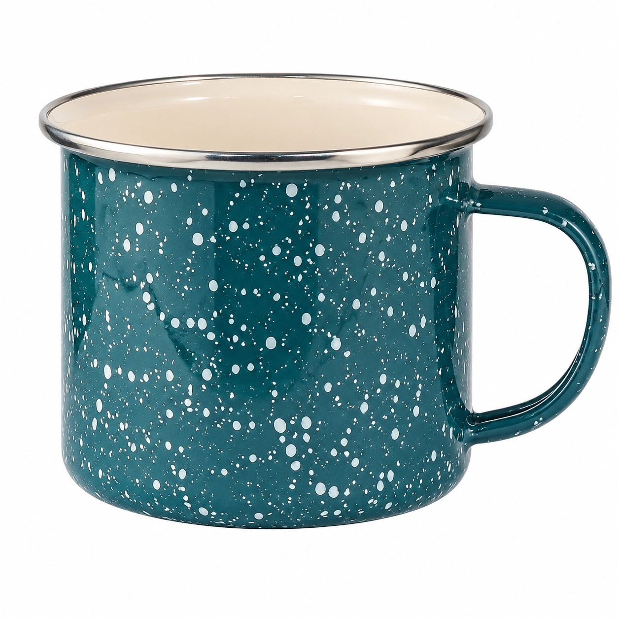 Taza esmaltada 350 ml azul petróleo con motas blancas para bebidas calientes y frías